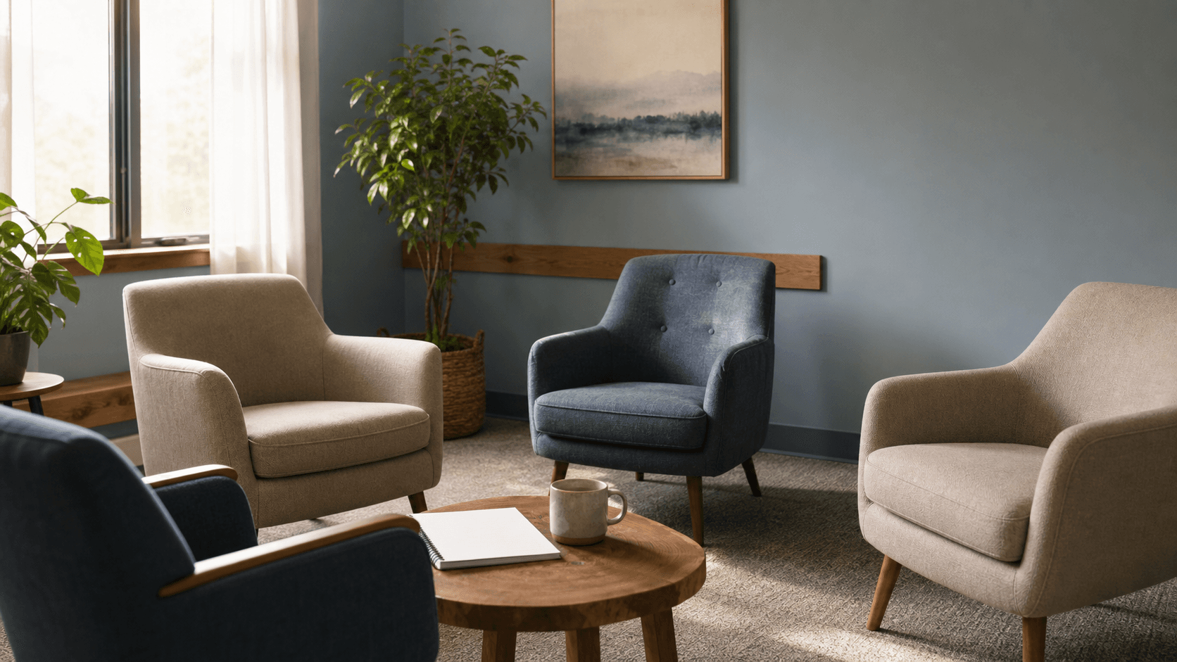 Calm outpatient group room with four upholstered chairs arranged around a small table with a blank notebook
