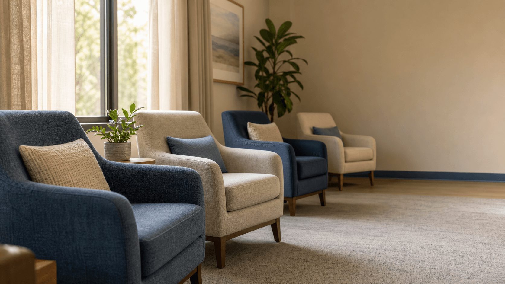 Four empty upholstered chairs arranged in a gentle progression through a calm, naturally lit room