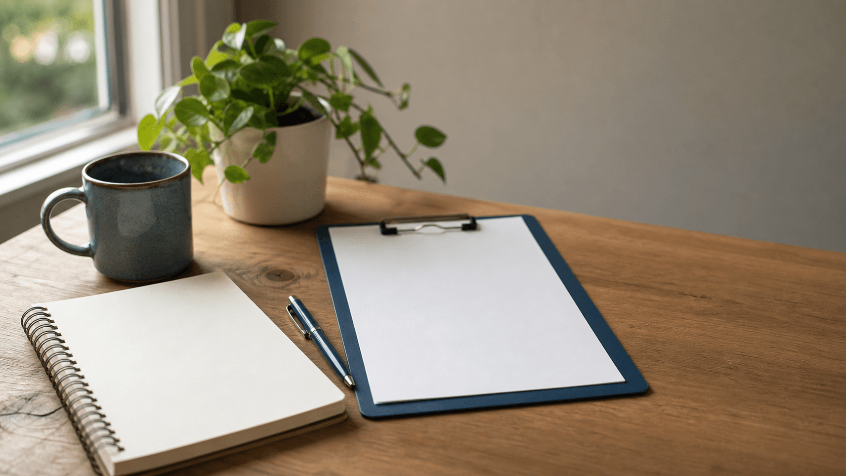 Blank notebook and clipboard with a capped pen, mug, and small plant beside a window