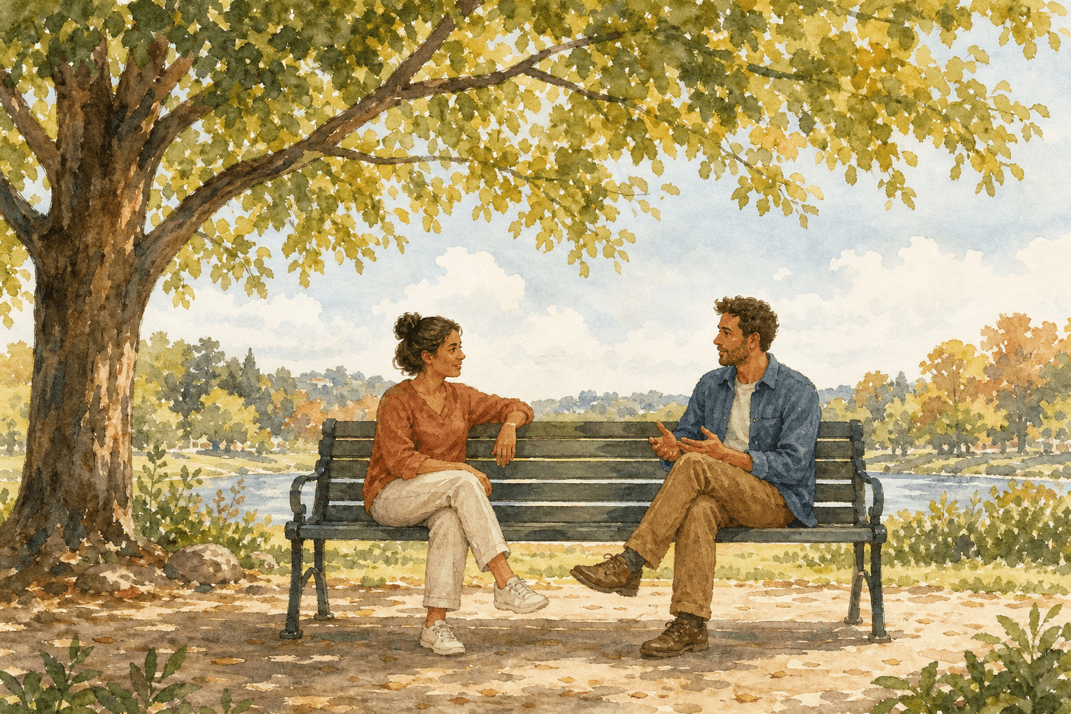 Watercolor illustration of two adults talking on an outdoor park bench beneath a leafy tree