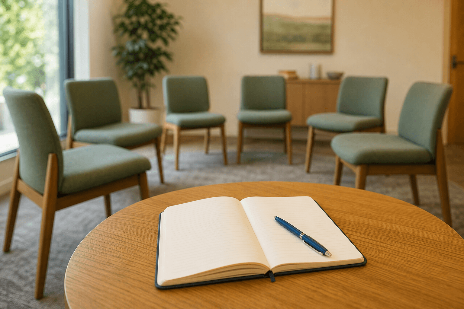 Open blank notebook and blue pen on an oak table, with a circle of sage-green chairs in the background.