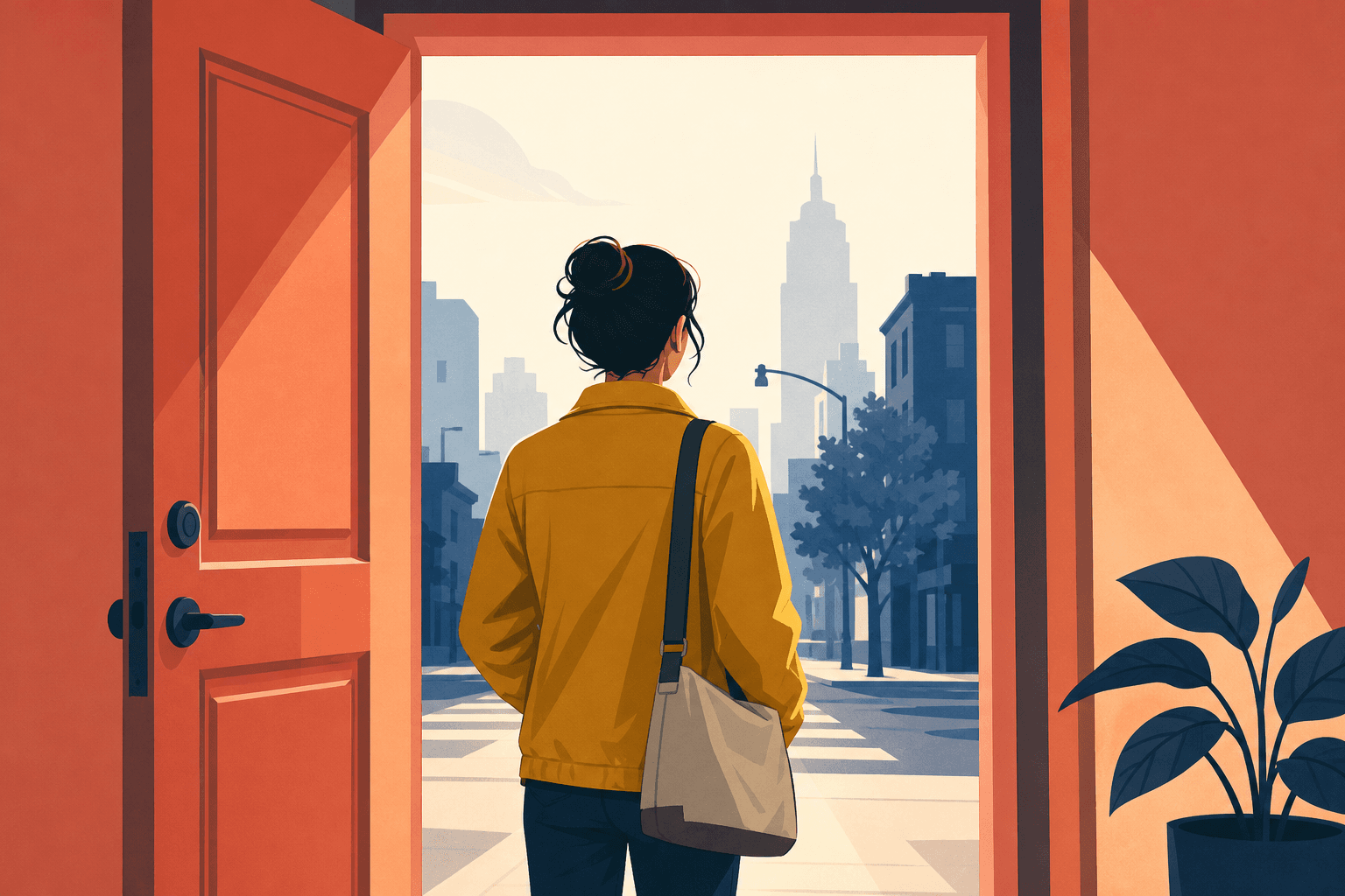 Flat-color illustration of an adult with a shoulder bag standing in a sunlit doorway facing a city street