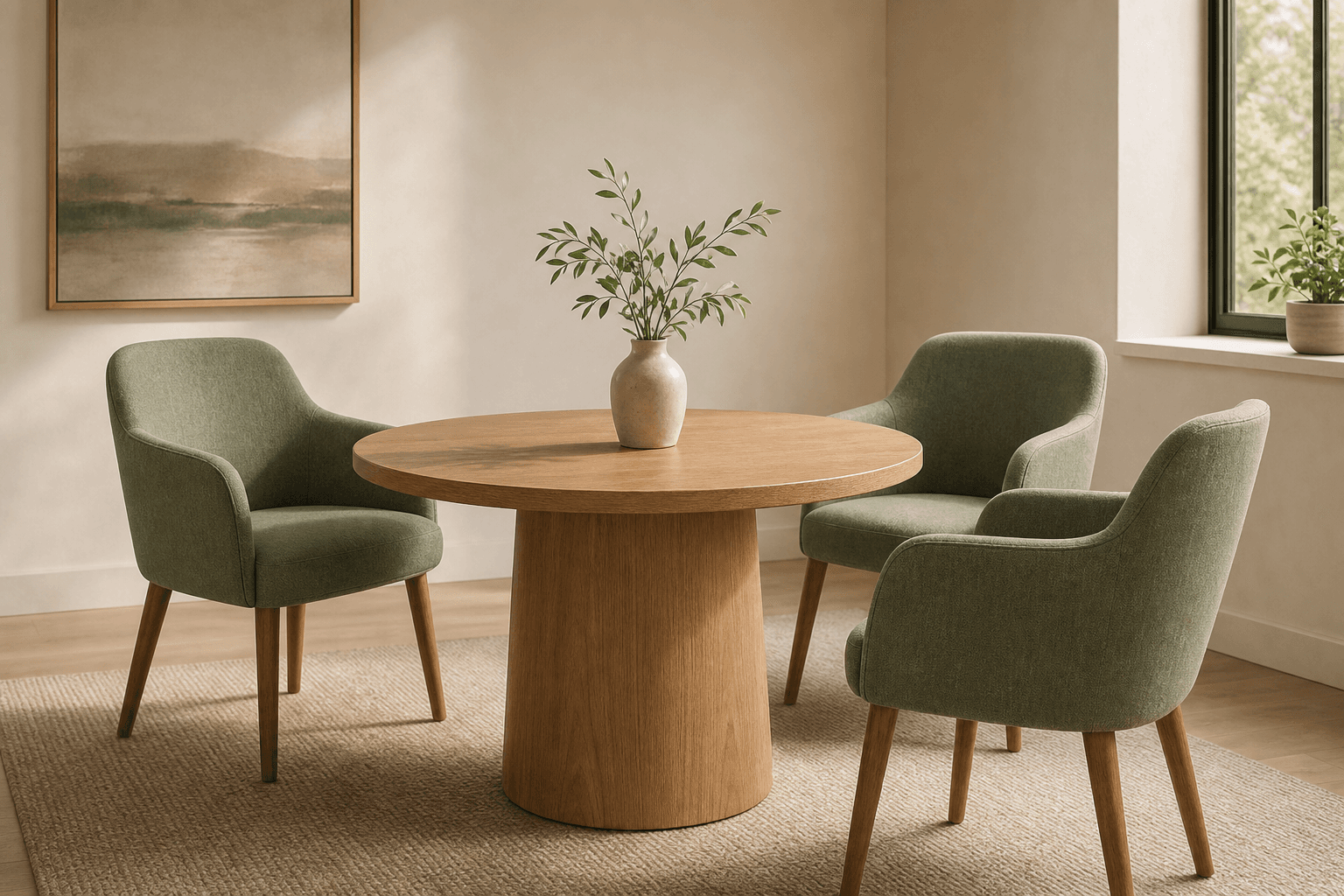 Three empty sage-green chairs around a round oak table, with two facing each other and a third angled alongside them.