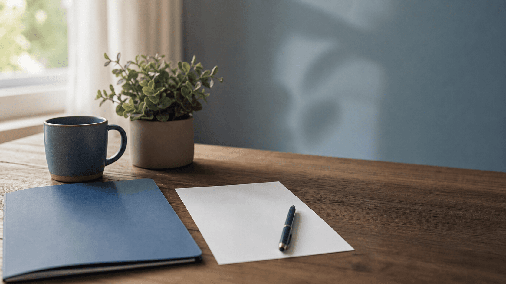 Plain blue folder, blank paper, capped pen, mug, and plant in soft natural light