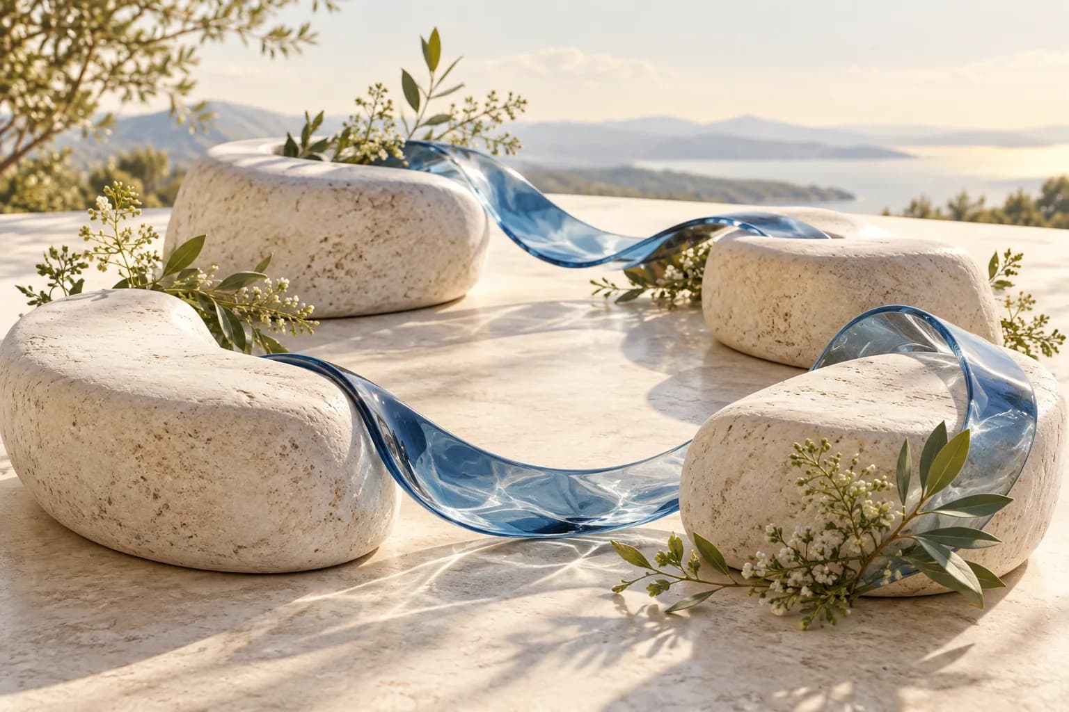 Conceptual sculpture of rounded stone forms linked by a blue glass ribbon