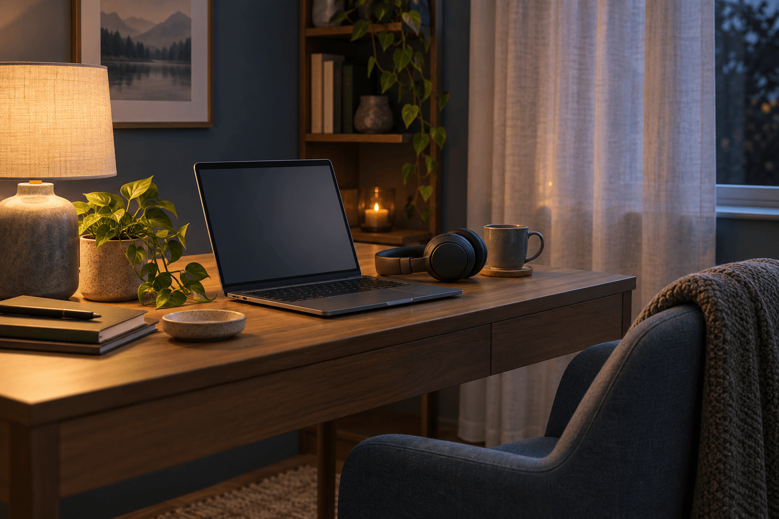 Illustration of a laptop and headphones on a quiet desk beside a curtained window