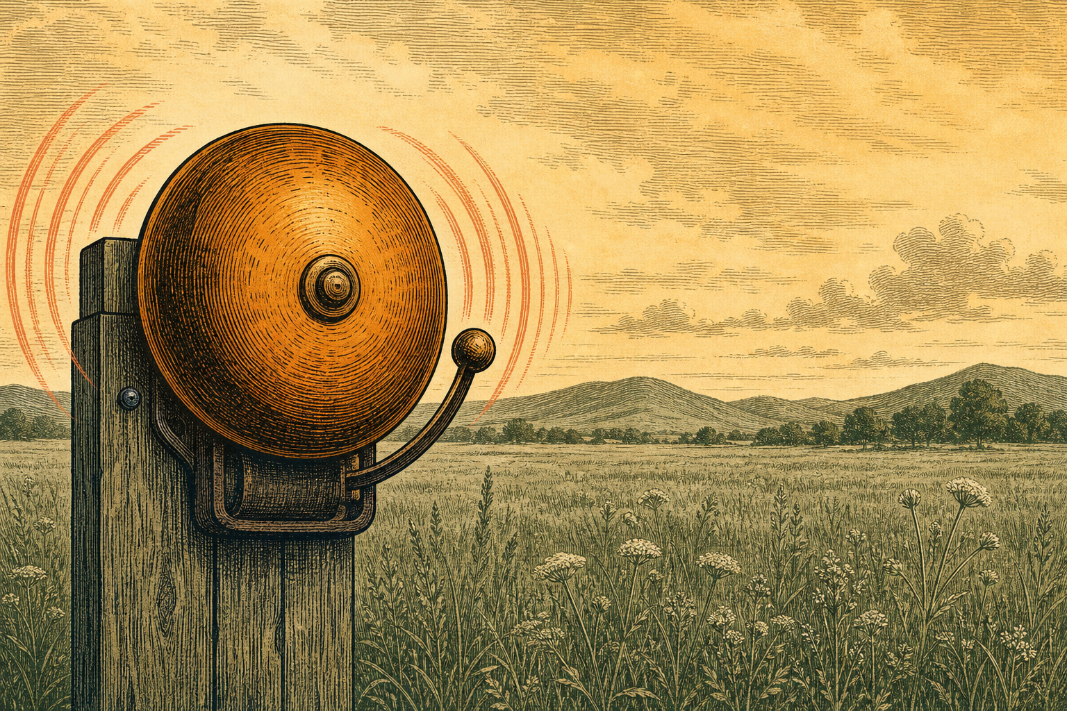 Ink illustration of an amber bell with coral vibration lines above a quiet sage-green meadow beneath an ochre sky.