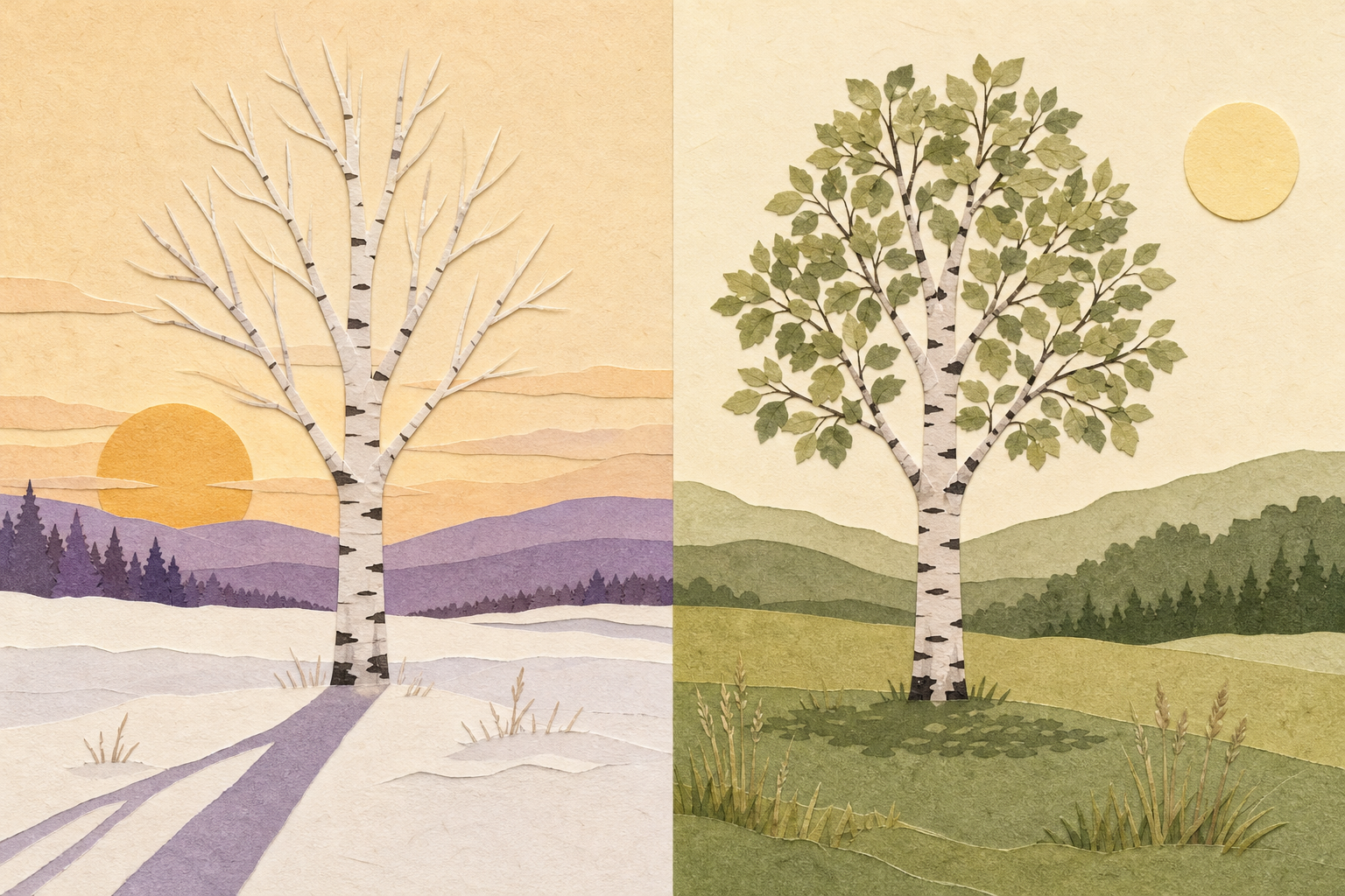 Birch tree in winter and summer, with contrasting sunlight and shadow lengths.