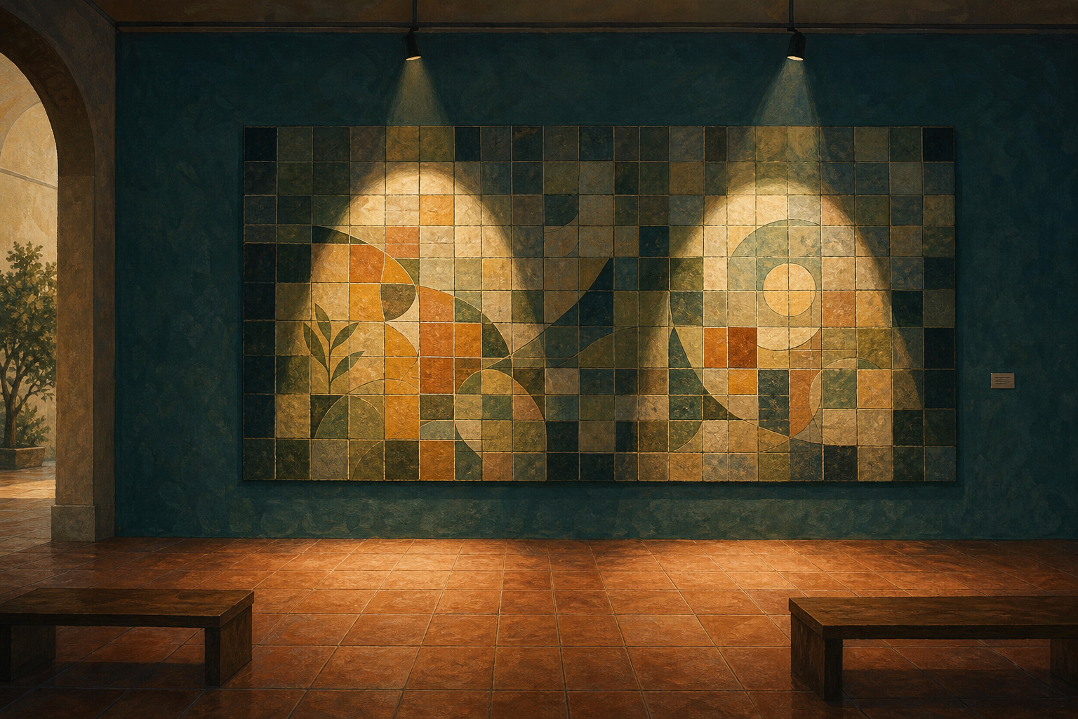 Two spotlights reveal separate portions of a tiled mosaic in a quiet gallery.