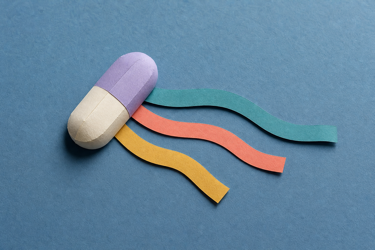 Lavender-and-cream capsule form beside curved teal, coral, and gold paper ribbons of different lengths on a blue surface.
